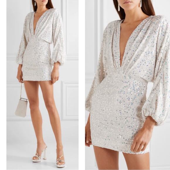 Retrofete Aubrielle Sequin Embellished Long Sleeve Deep V White Mini Dress Sz XS - Picture 1 of 12